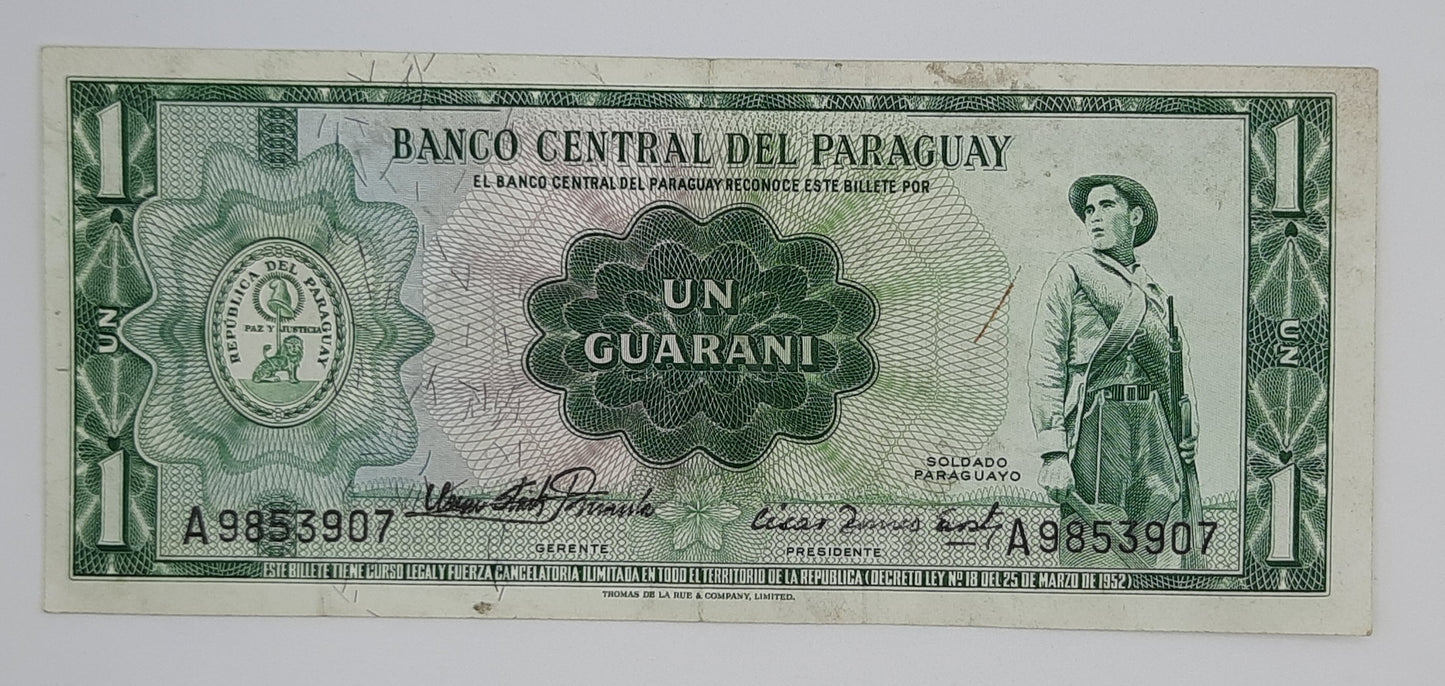 1963 - Paraguay, Banco Central Del Paraguay - 1 (One) Guarani Banknote Serial No. A 9853907 P-193