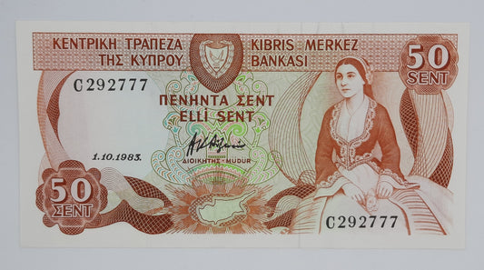 1983 Central Bank of Cyprus - 50 (Fifty) Cypriot Sent / Cents Banknote Serial NO. C 292777 P-52