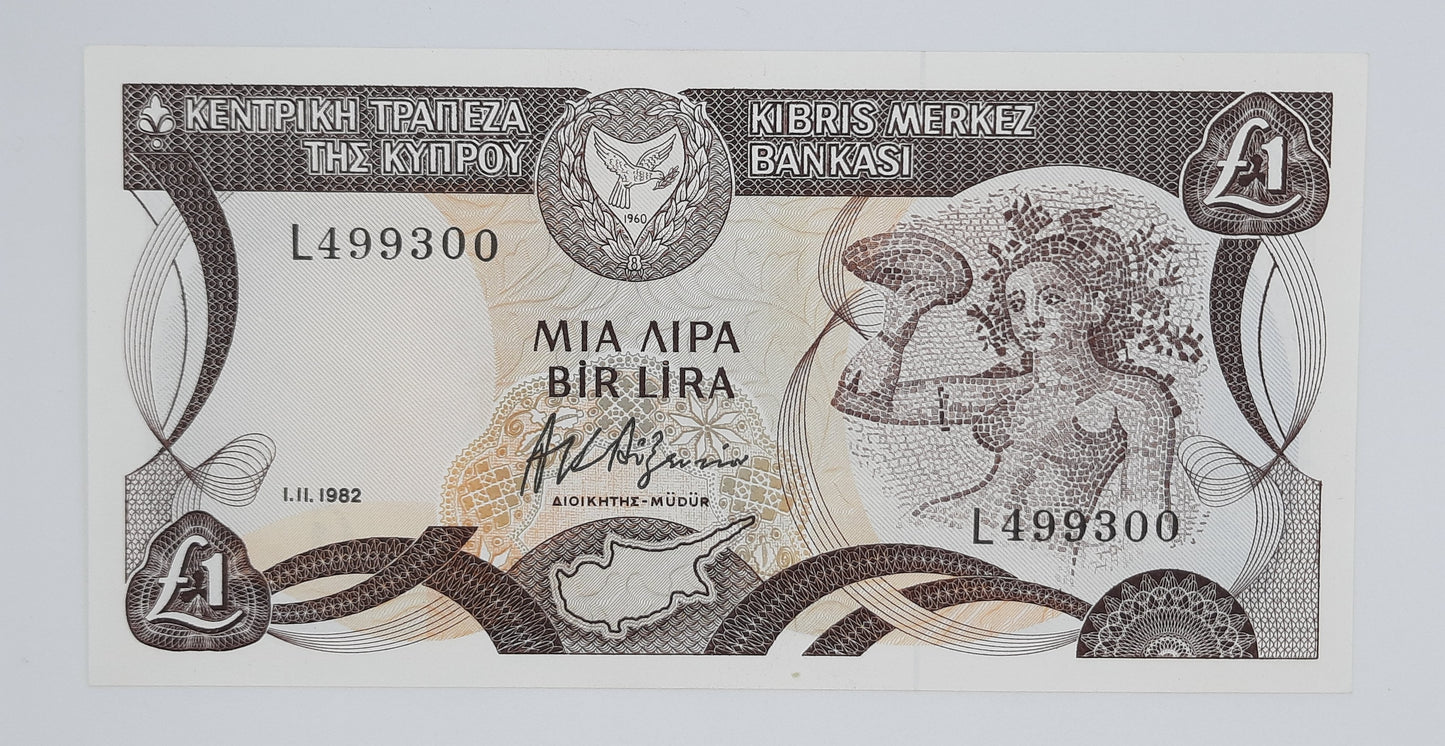 1982 Central Bank of Cyprus - 1 (One) Cypriot Pound Banknote Serial No. L499300 P-50