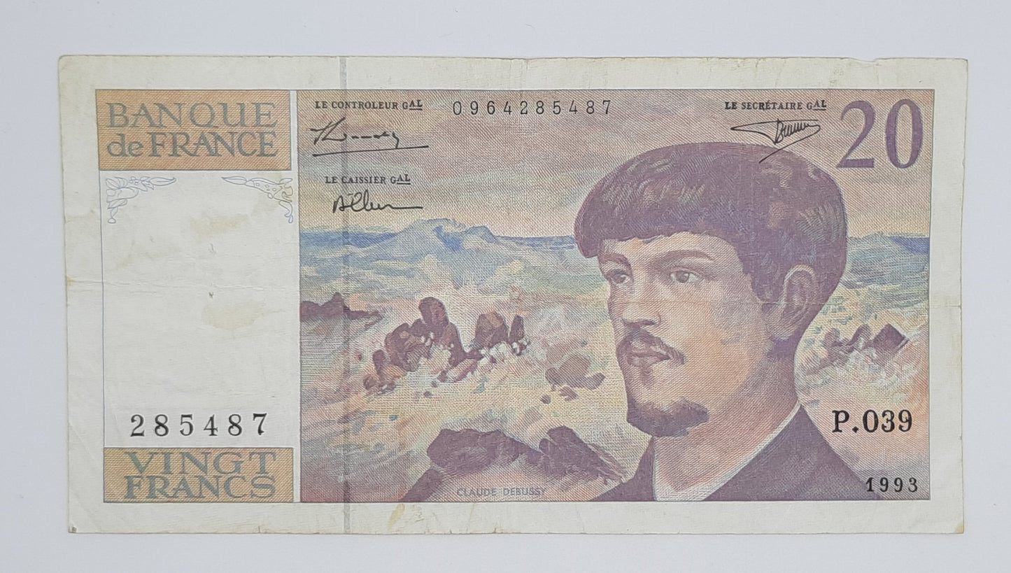 1993 Banque De France - 20 (Twenty) French Francs Banknote Serial No. P039 285487 P-151g