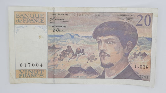 1993 Banque De France - 20 (Twenty) French Francs Banknote Serial No. L038 617004 P-151g