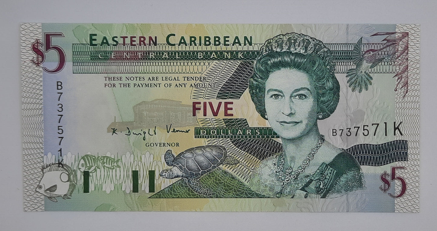 1994 Saint Kitts & Nevis, Eastern Caribbean Central Bank  - 5 (Five) XCD Dollars Banknote Serial No. B 737571 K P-31k