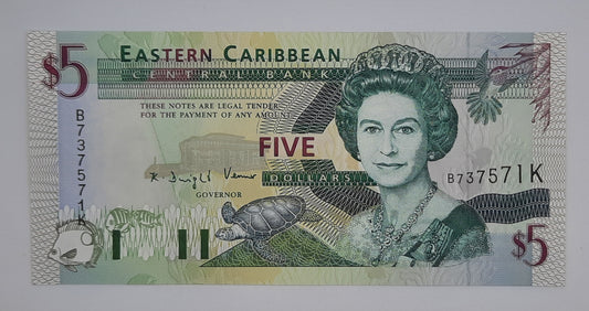 1994 Saint Kitts & Nevis, Eastern Caribbean Central Bank  - 5 (Five) XCD Dollars Banknote Serial No. B 737571 K P-31k