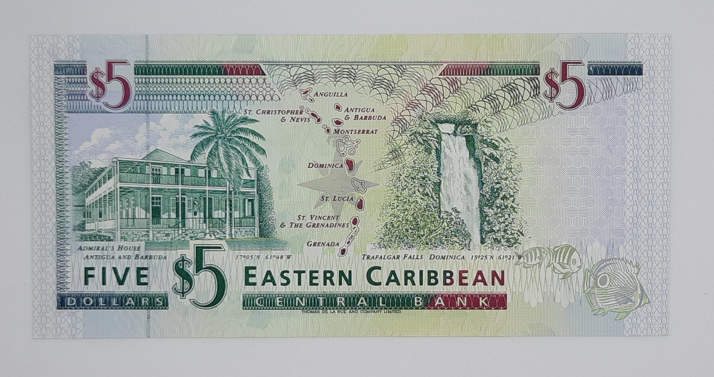 1994 Saint Kitts & Nevis, Eastern Caribbean Central Bank  - 5 (Five) XCD Dollars Banknote Serial No. B 737571 K P-31k
