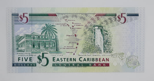1994 Saint Kitts & Nevis, Eastern Caribbean Central Bank  - 5 (Five) XCD Dollars Banknote Serial No. B 737571 K P-31k