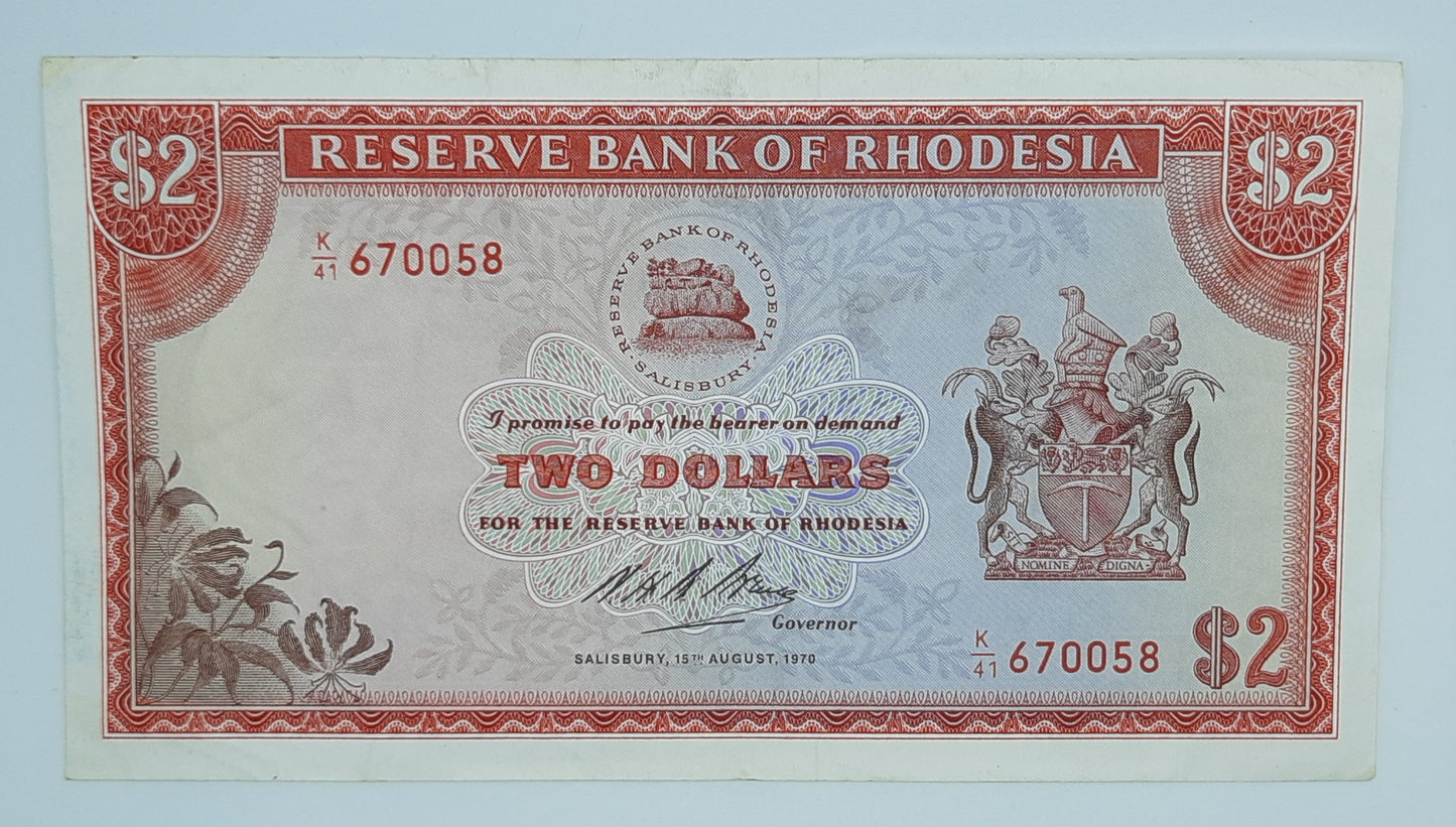 1970 Reserve Bank of Rhodesia, Zimbabwe - 2 (Two) Dollars Banknote Serial No. K41 670058 P-31a