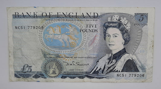 1980 Bank of ENGLAND, UK - £5 (Five) British Pounds GBP Banknote Serial No. NC51 779206 P-378c