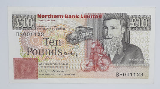 1988 Northern Bank Limited, Northern Ireland UK - 10 (Ten) Northern Irish Pounds Note Serial No. B 8001123 P-194