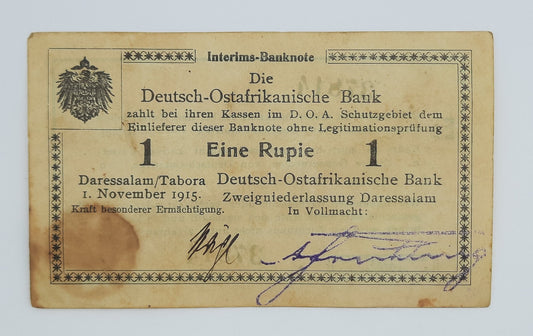 1915 German East Africa Deutsch-Ostafrikanische Bank - 1 (One) Rupie Banknote Serial No. E2 37814
