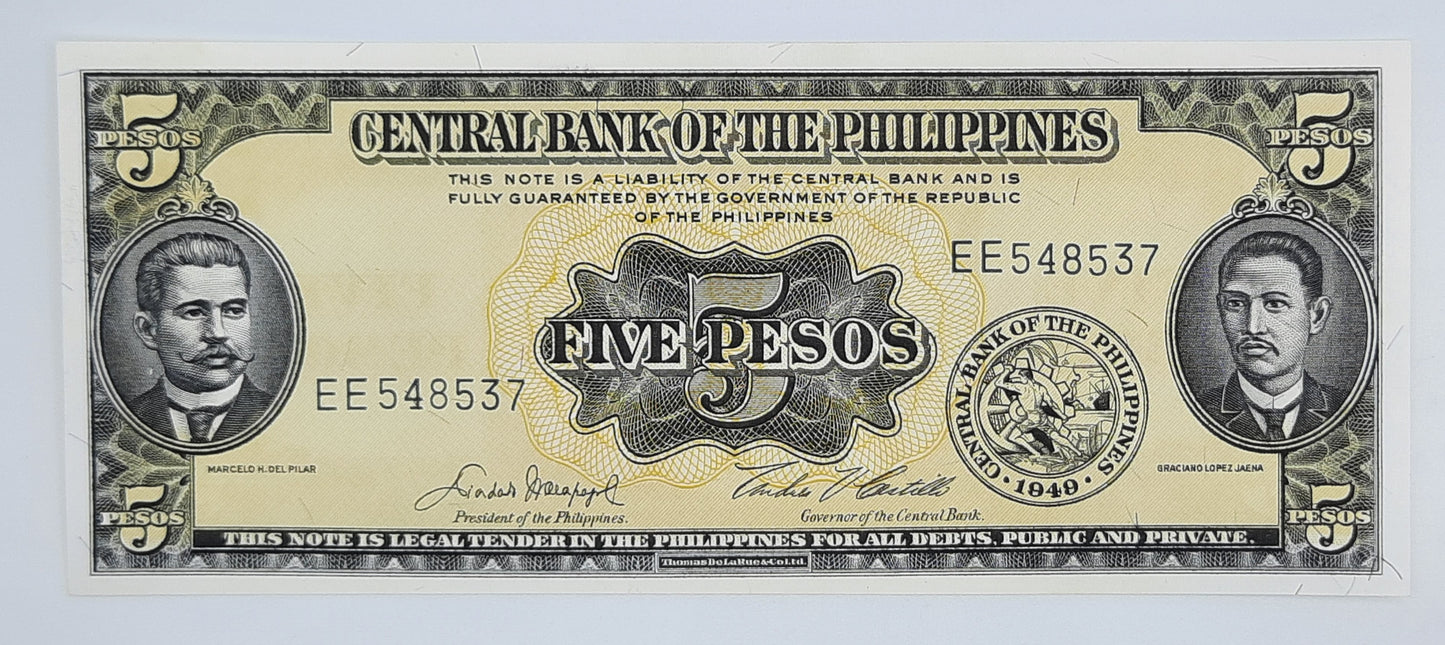 1953 Central Bank of The Philippines - 5 (Five) Pesos Banknote Serial NO. EE 548537 P-135b