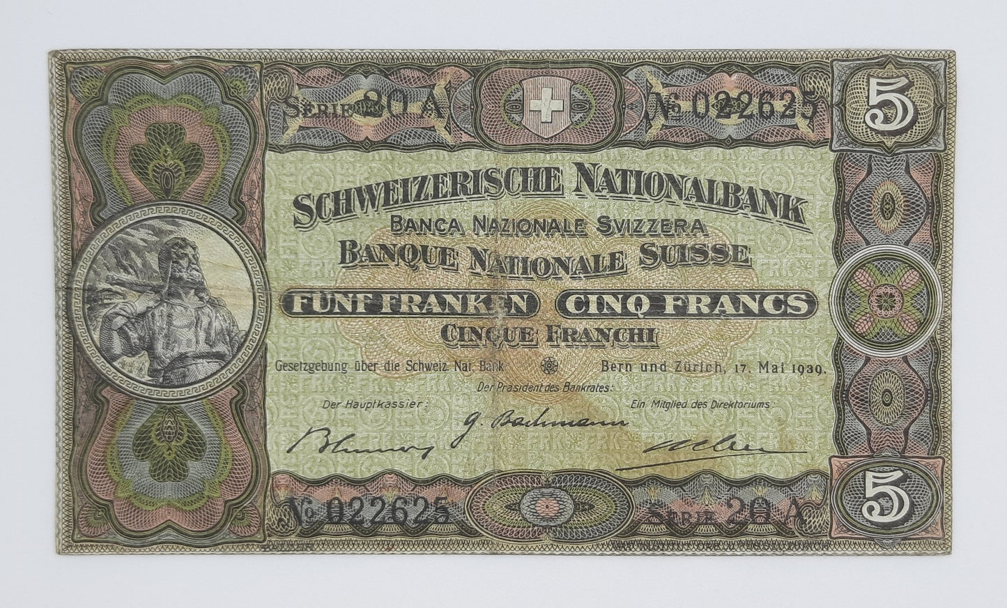1939 Switzerland, Schweizerische Nationalbank - 5 (Five) Swiss Francs / Franken Banknote Serial No. 20A 022625 P-11