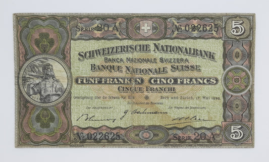 1939 Switzerland, Schweizerische Nationalbank - 5 (Five) Swiss Francs / Franken Banknote Serial No. 20A 022625 P-11