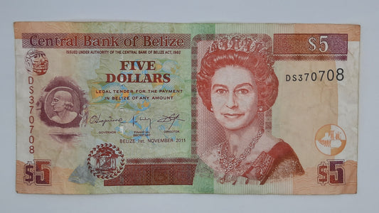 2011 Central Bank of Belize - 5 (Five) Belizean Dollars Banknote Serial No. DS 370708 P-67