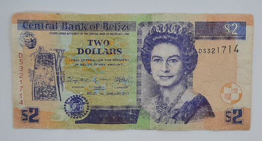 2017 Central Bank of Belize - 2 (Two) Belizean Dollars Banknote Serial No. DS 321714 P-66f