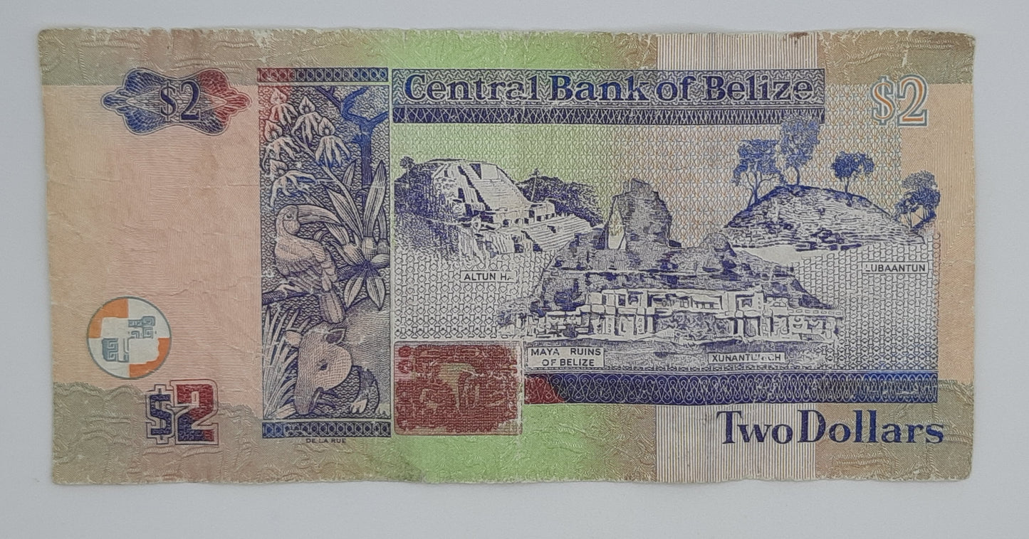 2017 Central Bank of Belize - 2 (Two) Belizean Dollars Banknote Serial No. DS 321714 P-66f