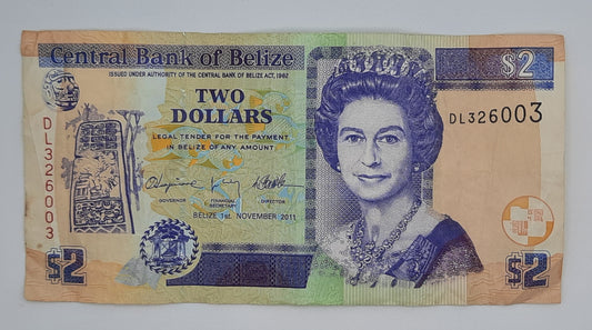 2011 Central Bank of Belize - 2 (Two) Belizean Dollars Banknote Serial No. DL 326003 P-66