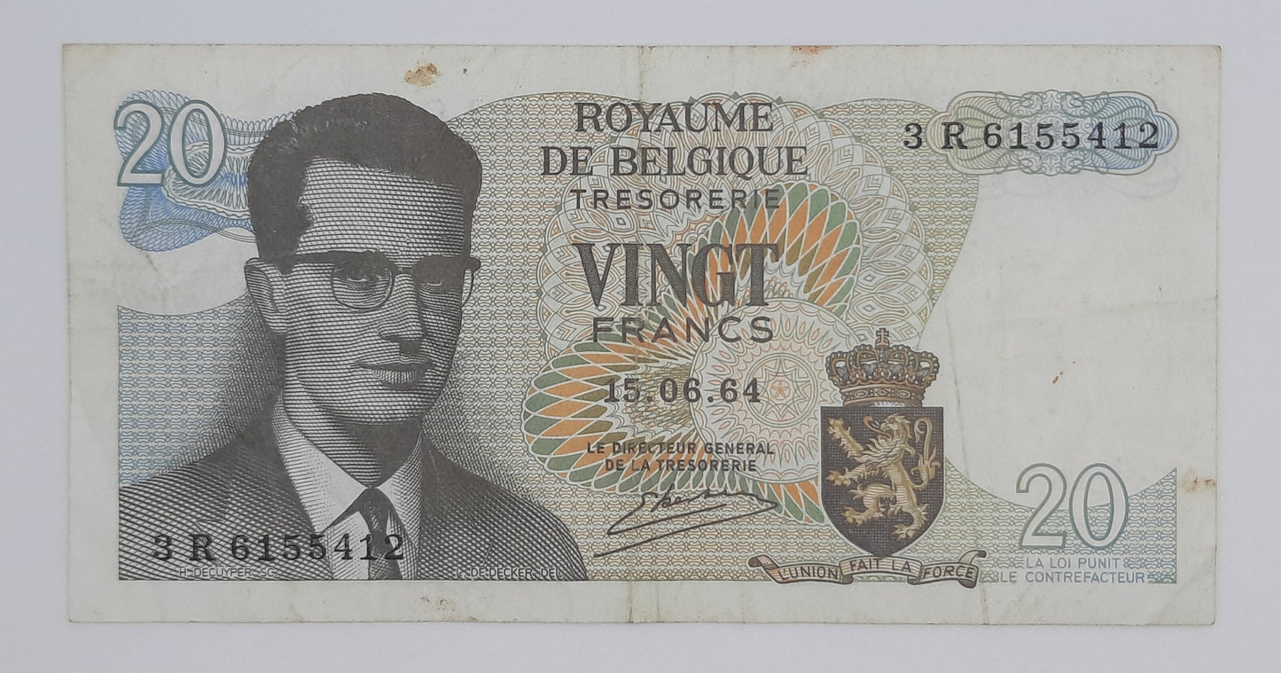 1964 Belgium, Banque Nationale Belgique - 20 Belgian Francs Banknote Serial No. 3R 6155412 P-138