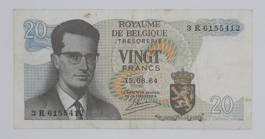 1964 Belgium, Banque Nationale Belgique - 20 Belgian Francs Banknote Serial No. 3R 6155412 P-138