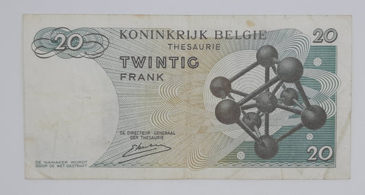 1964 Belgium, Banque Nationale Belgique - 20 Belgian Francs Banknote Serial No. 3R 6155412 P-138