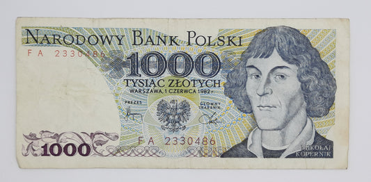 1982 - Narodowy Bank Polski, Poland - 1000 Polish Zlotych PLN Banknote Serial NO. FA 2330486 P-146c