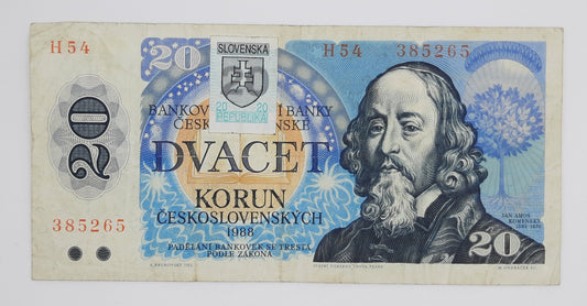1993 Slovakia ,States Bank of Czechoslovakia - 20 (Twenty) Korun Provisonal Banknote Serial No. H54 385265 P-15