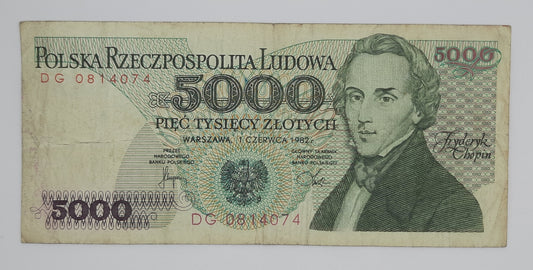 1982 - Narodowy Bank Polski, Poland - 5000 Polish Zlotych PLN Banknote Serial No. DG 0814074 P-150
