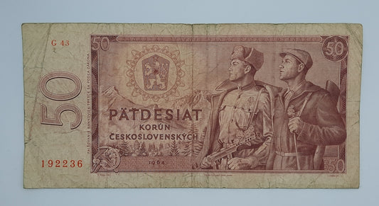 1964 States Bank of Czechoslovakia - 50 (Fifty) Korun Banknote, Serial No. G43 192236 P-90
