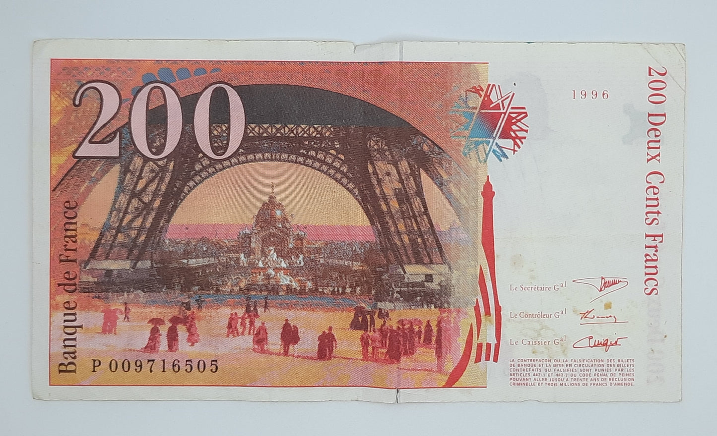 1996 Banque De France - 200 French Francs Banknote Serial No. P 009716505 P-159