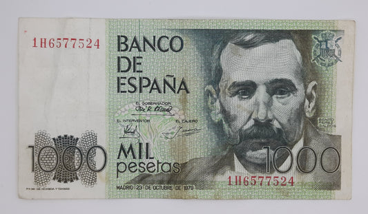 1979 Spain, Banco De Espana - 1000 Spanish Pesetas Banknote ESP Serial No  1H 6577524 P-158  P-158