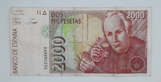 1992 Spain, Banco De Espana - 2000 Spanish Pesetas Banknote ESP Serial No 5U 2102693 P-164