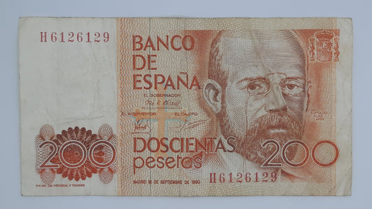 1980 Spain, Banco De Espana - 200 Spanish Pesetas Banknote ESP Serial No H 6126129 P-156