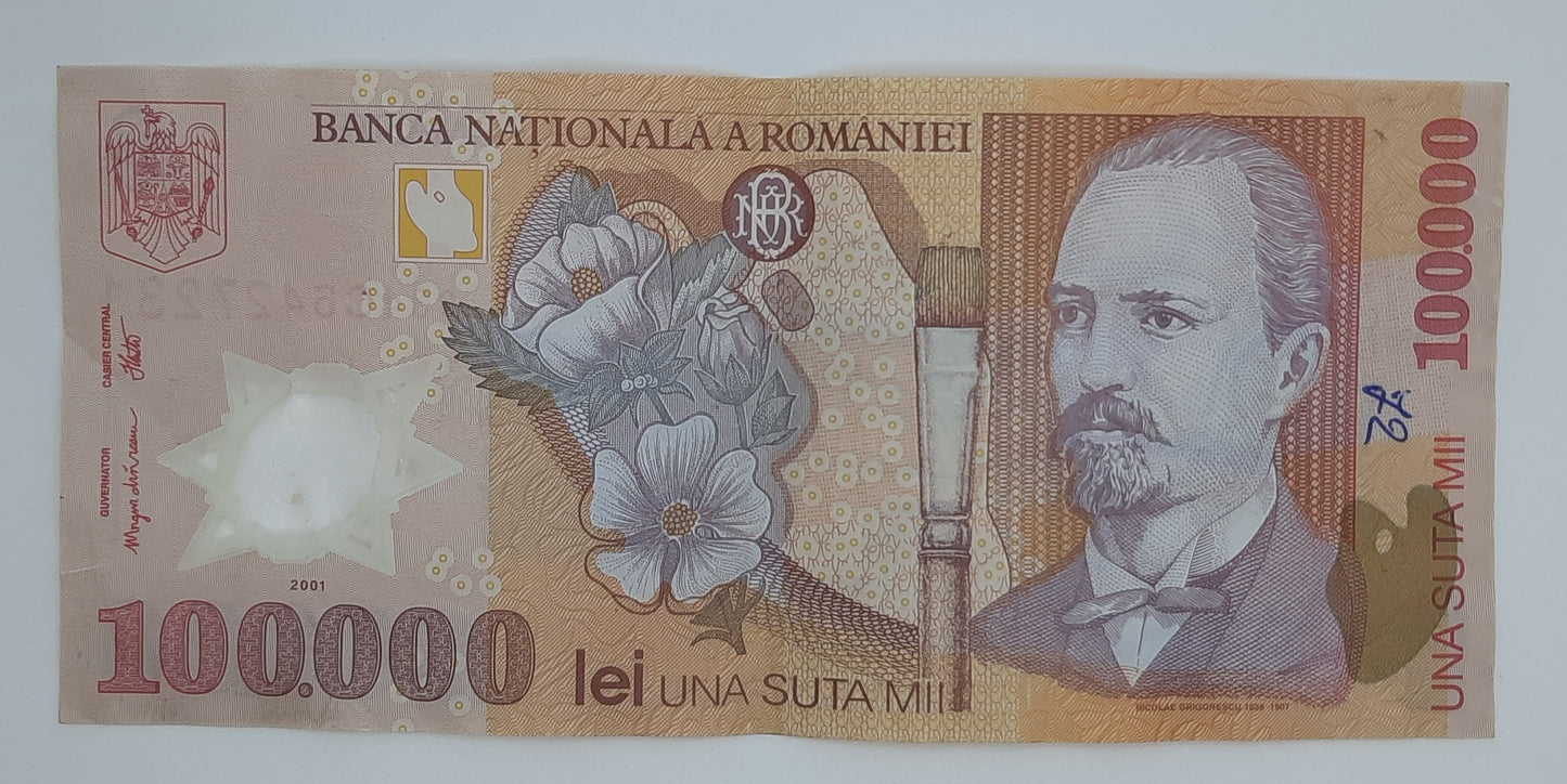 2001 - Romania, Banca Nationala A Romaniei - 100000 Romanian Lei Banknote Serial No. 034C 6427231 P-114
