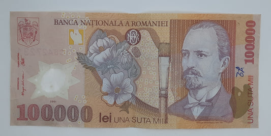 2001 - Romania, Banca Nationala A Romaniei - 100000 Romanian Lei Banknote Serial No. 034C 6427231 P-114