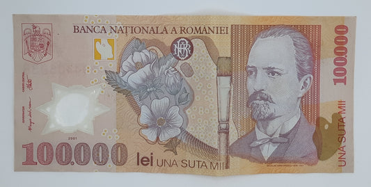 2001 - Romania, Banca Nationala A Romaniei - 100000 Romanian Lei Banknote Serial No. 022D 44045938 P-114