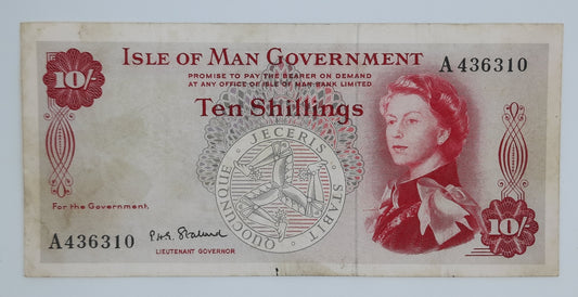 1967 Isle of Man Government - 10 (Ten) Shillings Manx Banknote Serial No. A 436310 P-24b