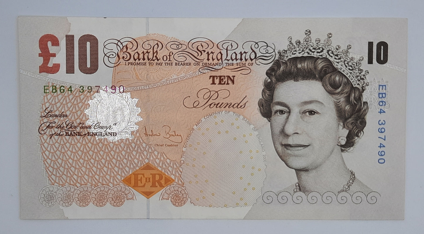 2004 Bank of ENGLAND, UK - £10 (Ten) British Pounds GBP Banknote Serial No. EB64 397490 P-389c