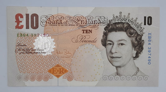 2004 Bank of ENGLAND, UK - £10 (Ten) British Pounds GBP Banknote Serial No. EB64 397490 P-389c