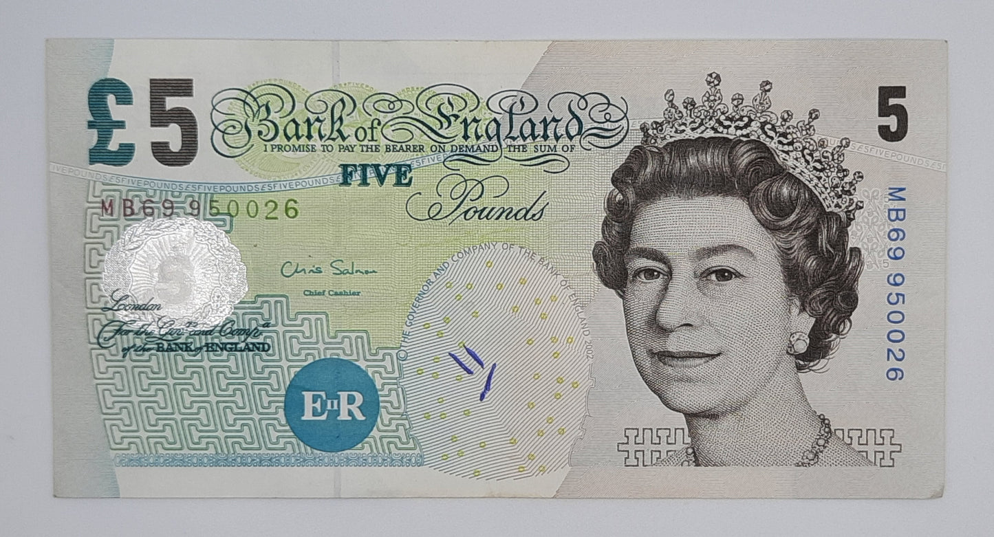 2011 Bank of ENGLAND, UK - £5 (Five) British Pounds GBP Banknote Serial No. MB69 950026 P-391d