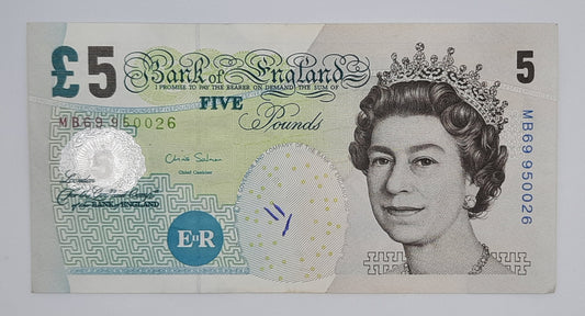 2011 Bank of ENGLAND, UK - £5 (Five) British Pounds GBP Banknote Serial No. MB69 950026 P-391d
