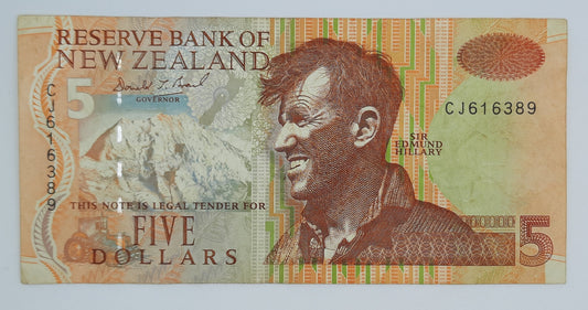 1995 (1992)- Reserve Bank of New Zealand - $5 (Five) NZD Dollars Banknote, Serial No. CJ 616289 P-177b Sir Edmund Hillary & Campbell Island