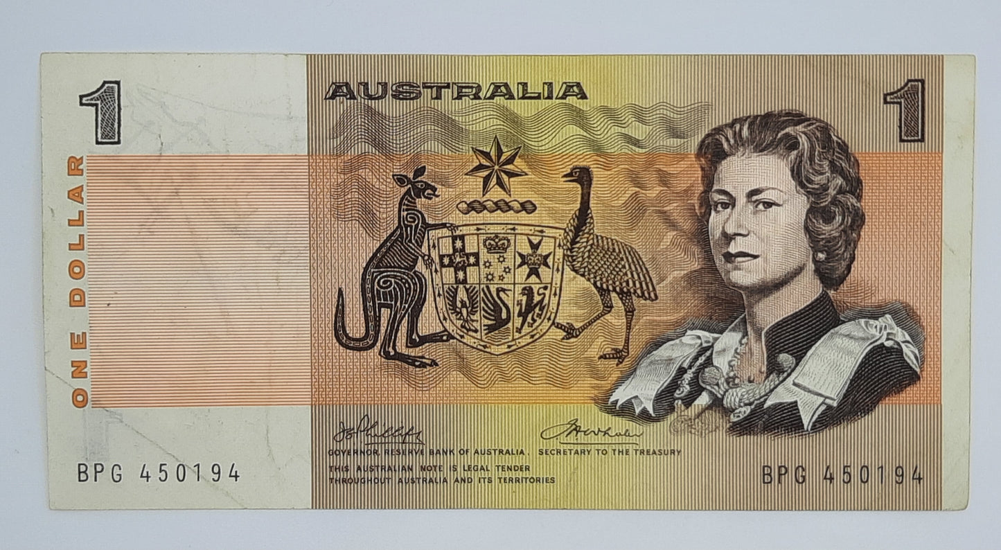 1974 Reserve Bank of Australia - 1 (One) AUD Australian Dollar Banknote Serial No. BPG 450194 P-42a