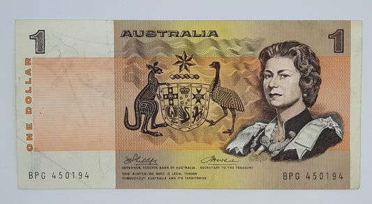 1974 Reserve Bank of Australia - 1 (One) AUD Australian Dollar Banknote Serial No. BPG 450194 P-42a