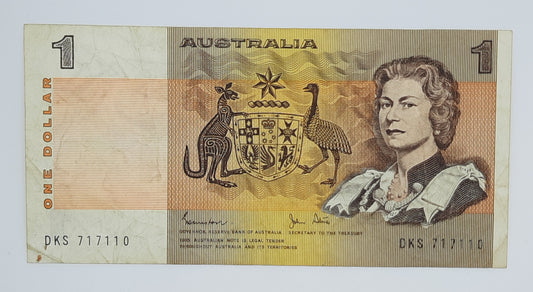 1982 Reserve Bank of Australia - 1 (One) AUD Australian Dollar Banknote Serial No. DKS 717110 P-42c