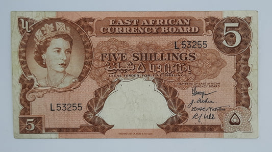 1958 East African Currency Board - 5 (Five) Shillings Banknote Serial NO. L 53255 P-37 Queen Elizabeth II