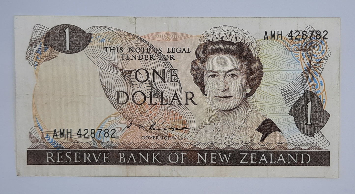 1985 - Reserve Bank of New Zealand - $1 (One) NZD Dollar Banknote, Serial No. AMH 428782 P-169b
