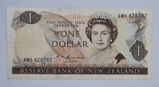 1985 - Reserve Bank of New Zealand - $1 (One) NZD Dollar Banknote, Serial No. AMH 428782 P-169b