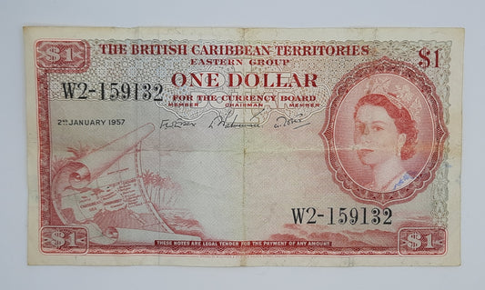 1957 British Caribbean Territories, Eastern Group - 1 (One) Dollar Banknote Serial No W2-159132 P-7b