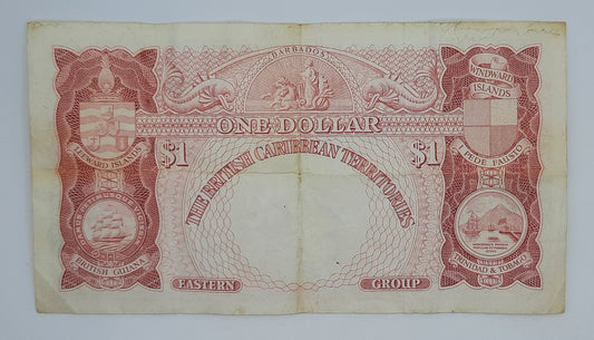1957 British Caribbean Territories, Eastern Group - 1 (One) Dollar Banknote Serial No W2-159132 P-7b