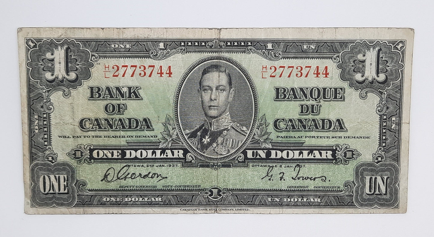 1937 Bank of Canada /  Banque Du Canada - 1 (One) Canadian Dollar CAD Banknote Serial No. HL 2773744 P-58