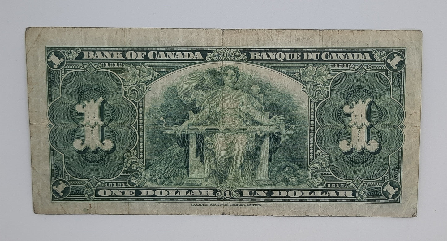 1937 Bank of Canada /  Banque Du Canada - 1 (One) Canadian Dollar CAD Banknote Serial No. HL 2773744 P-58